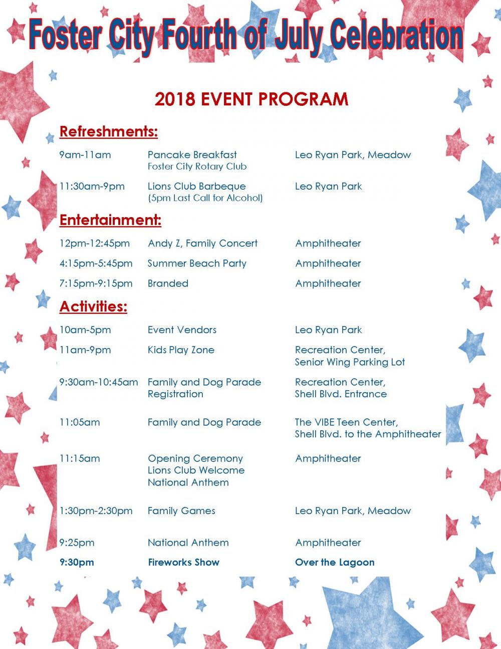 4th of July Schedule Foster City California
